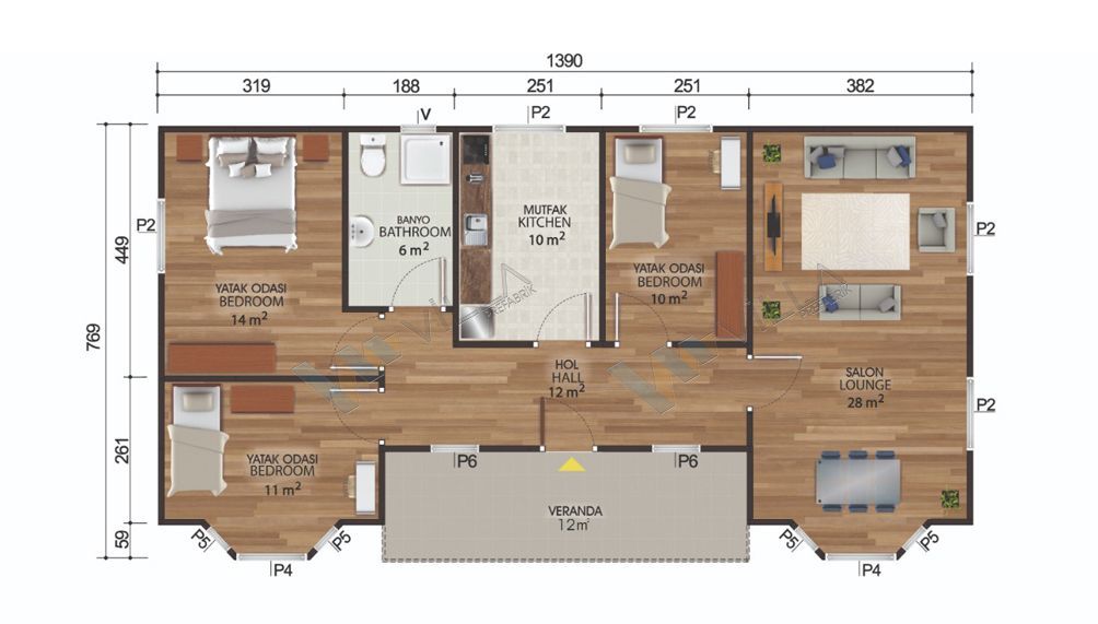 VDE-T106-R2 3+1 ucuz prefabrik ev 106 m² - Görsel 2