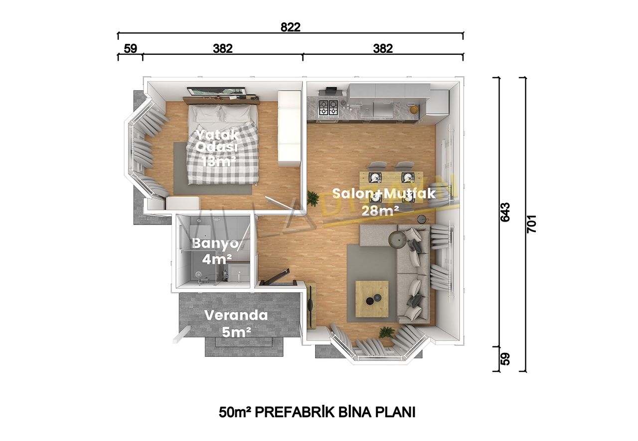 VDT50-R2 1+1 prefabrik ev 50 m² - Görsel 2